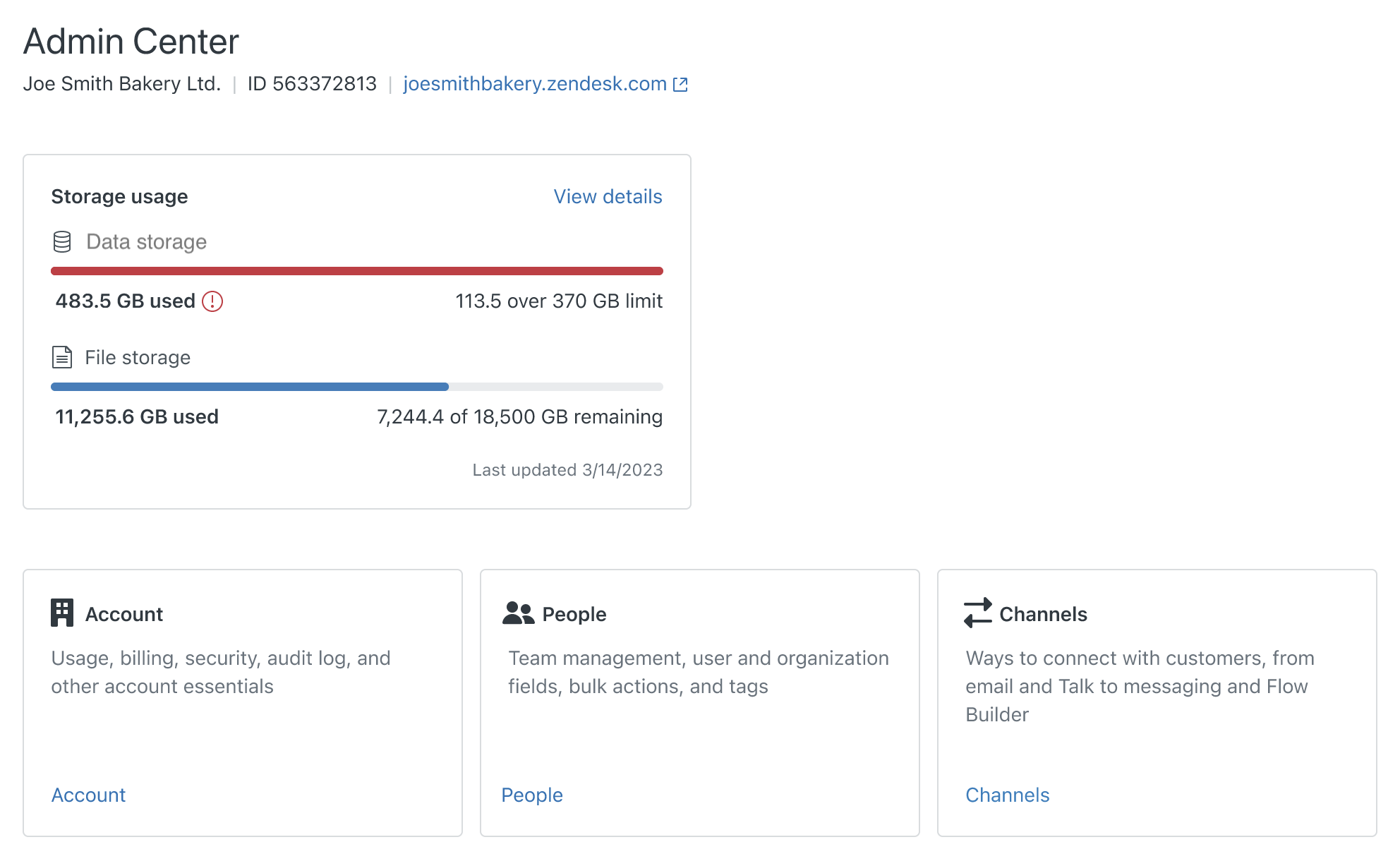 Storage view in Zendesk admin center